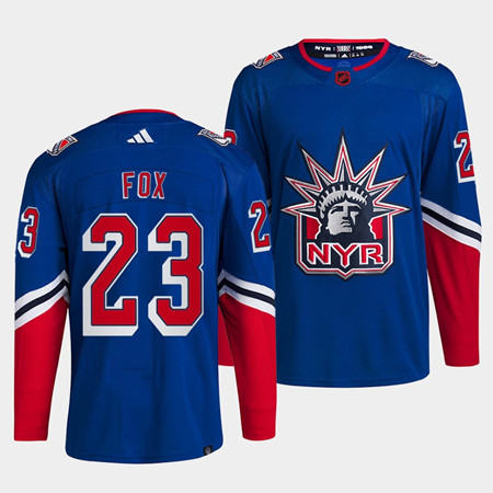 Men's New York Rangers #23 Adam Fox Blue 2022 Reverse Retro Stitched Jersey - Click Image to Close